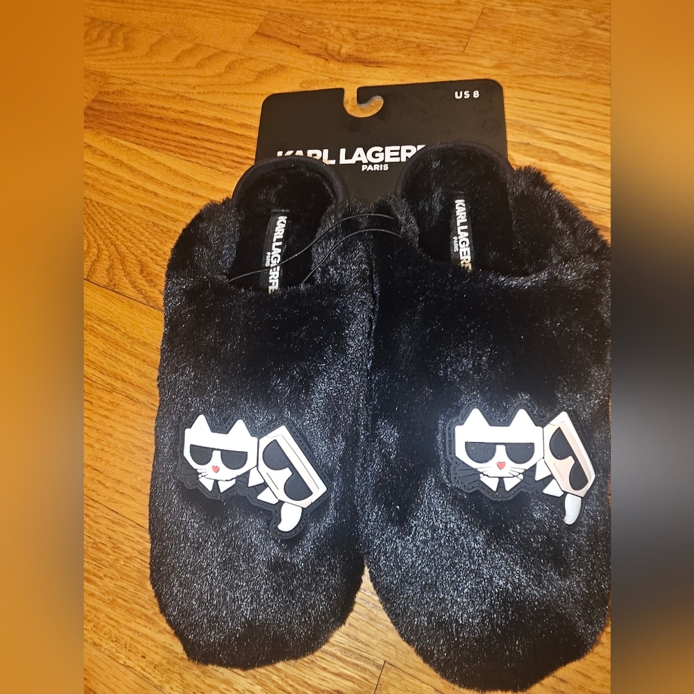Karl Lagerfeld Black Furry Cat Slippers